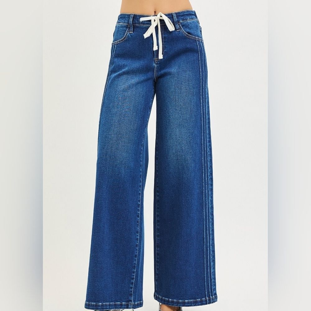 RISEN Mid Rise Wide Side Pintuck Denim Jeans Flat Front Drawstring Size 1-13